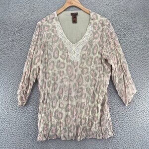 Multiples Top Womens Large Gray Multi Pearl Beaded V Neck Gauzy 3/4 Sleeve Tunic